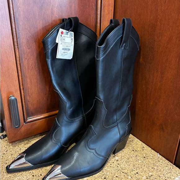 NWT ZARA Black Faux Leather Cowboy Calf Boots Metal Toe Cap - Picture 3 of 9